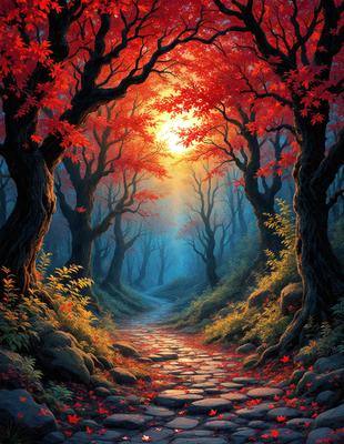 The primary subject of the image is a pathway surrounded by trees, creating a serene and peaceful atmosphere. The setting is a forest with a dirt road, and the visual style is a painting or illustration. The dominant colors are red, orange, and yellow, which are associated with the sun and warmth. The overall mood of the image is one of tranquility and natural beauty.